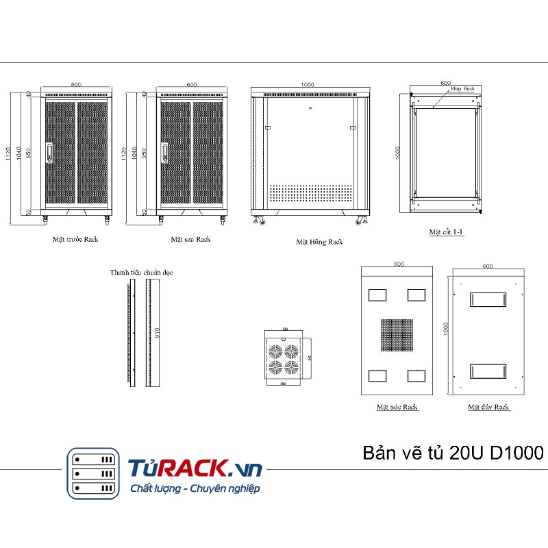 Tủ rack 19 inch 20U UNR-20UD1000 2 cửa lưới