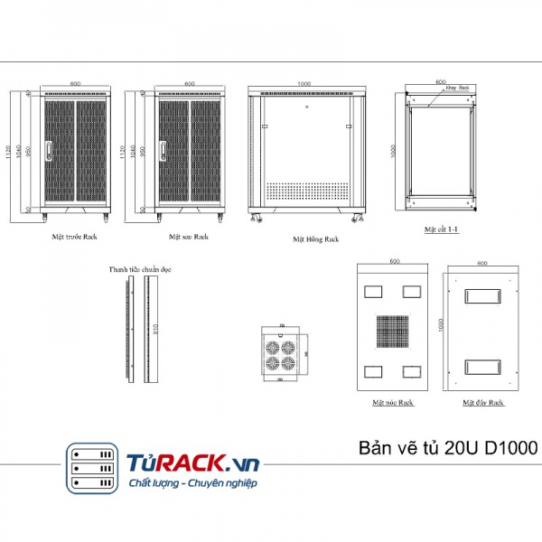 Tủ rack 19 inch 20U UNR-20UD1000 2 cửa lưới - 3