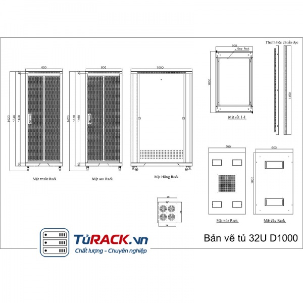 Tủ rack 32U UNR 32UD1000-2CL mẫu mới 2 cửa lưới - 9