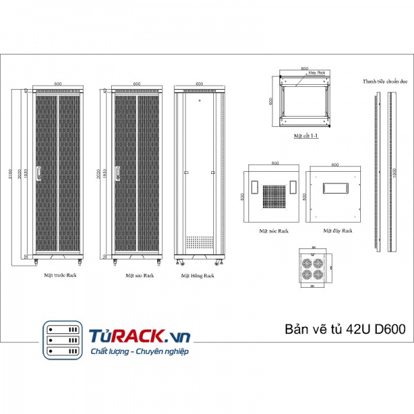 Tủ rack 42U UNR 42UD600-2CL 2 cửa lưới hàng cao cấp - 7